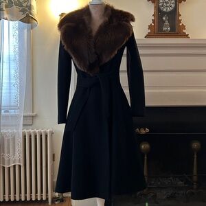 Vintage Calvin Klein Black Coat with Brown Fox Fur Collar made by ILGWU